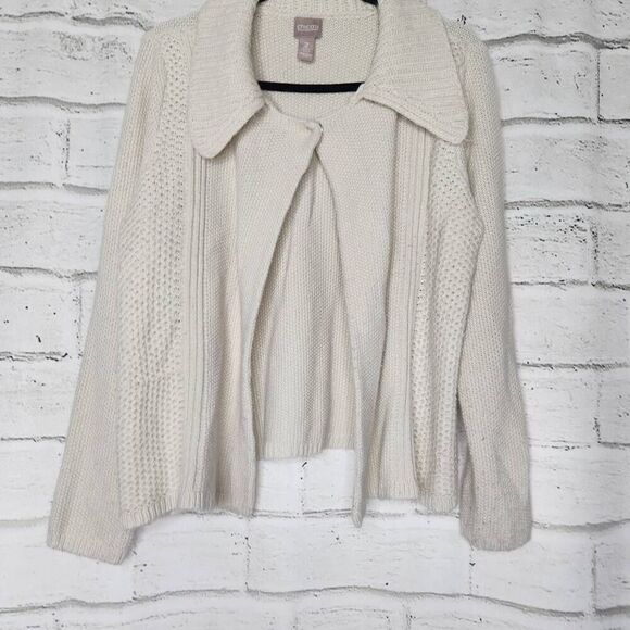 Chico's Womens Beige One Button Long Sleeve Knit Cardigan Sweater Sz 2 Large 12 - Picture 3 of 13
